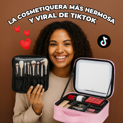3 🎁💄 Cosmetiquera HERMOSA con Espejo + REGALO de KIT DE BROCHAS