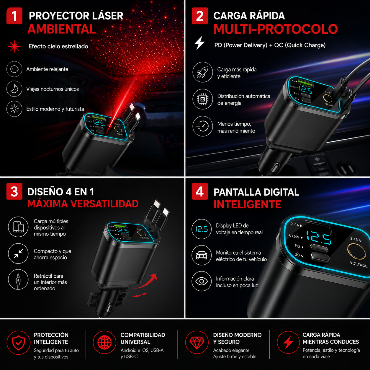 ⚡Cargador de Celular para Carro 4 en 1 Proyector⚡