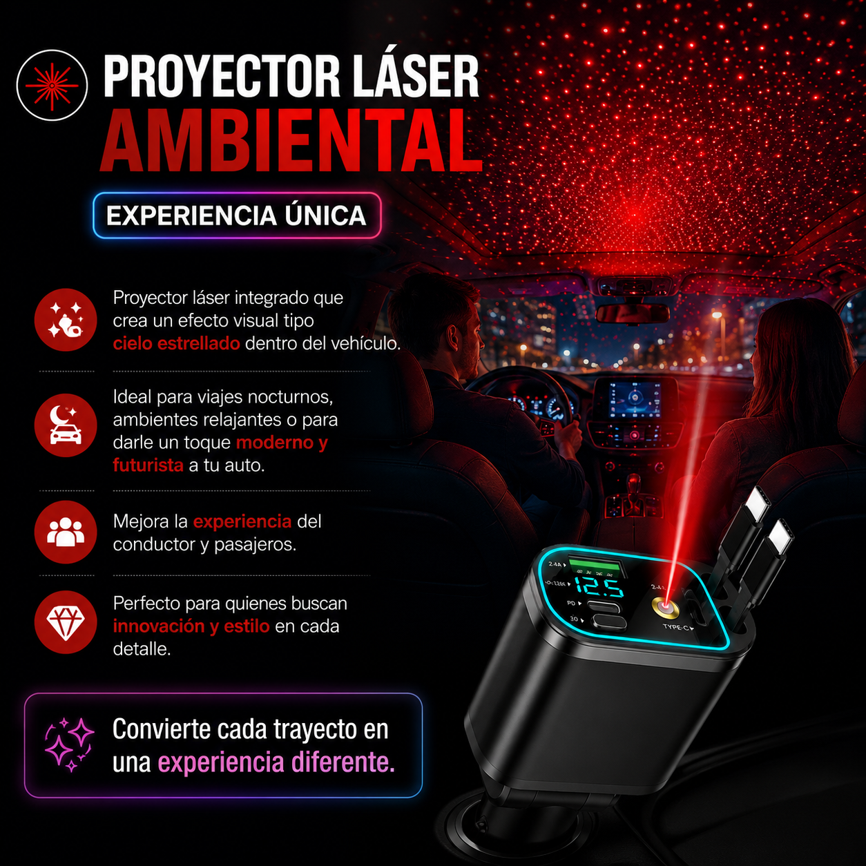 ⚡Cargador de Celular para Carro 4 en 1 Proyector⚡
