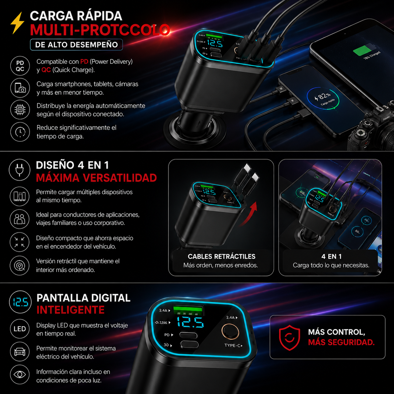 ⚡Cargador de Celular para Carro 4 en 1 Proyector⚡