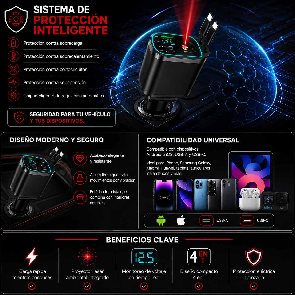 ⚡Cargador de Celular para Carro 4 en 1 Proyector⚡