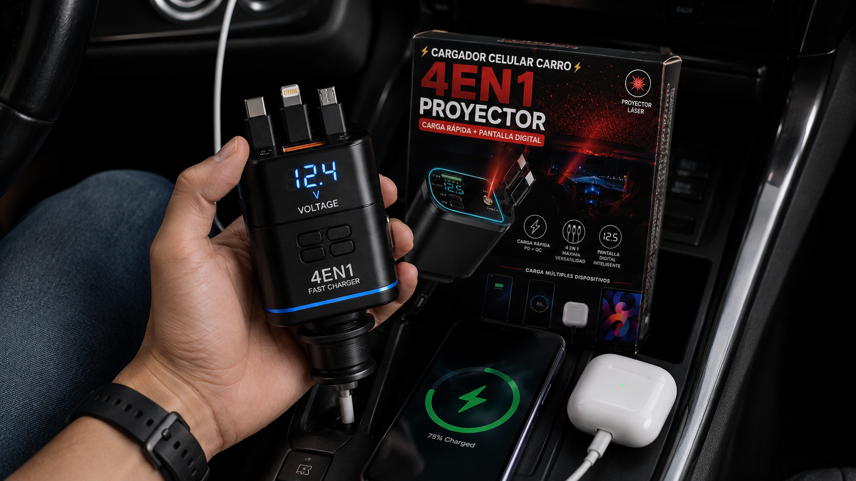 ⚡Cargador de Celular para Carro 4 en 1 Proyector⚡